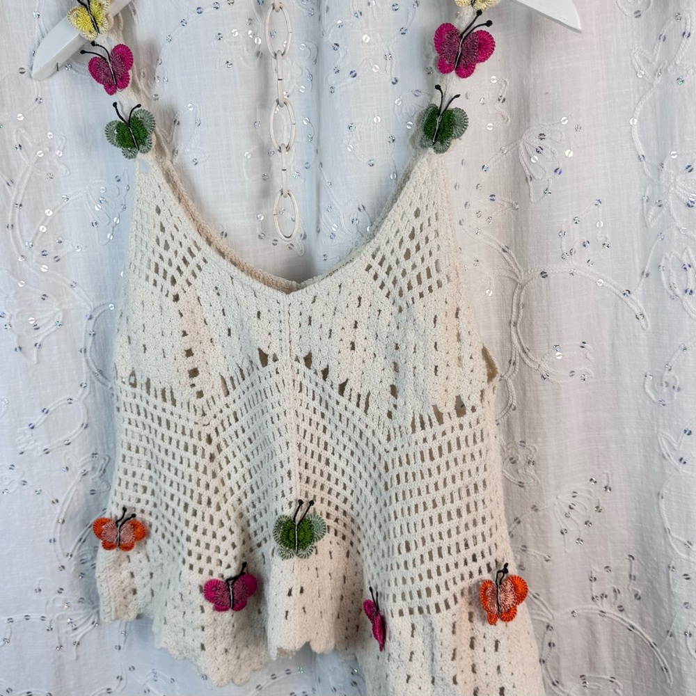 Rebellion Again Crochet Butterfly Tank Top Cream Cotton Boho Festival Size S